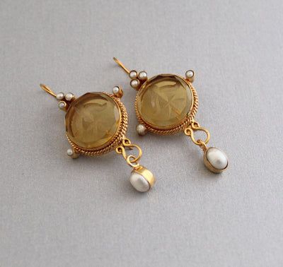Fleur-de-lis Intaglio Earrings, Victorian Style, 14K Gold, photo 4