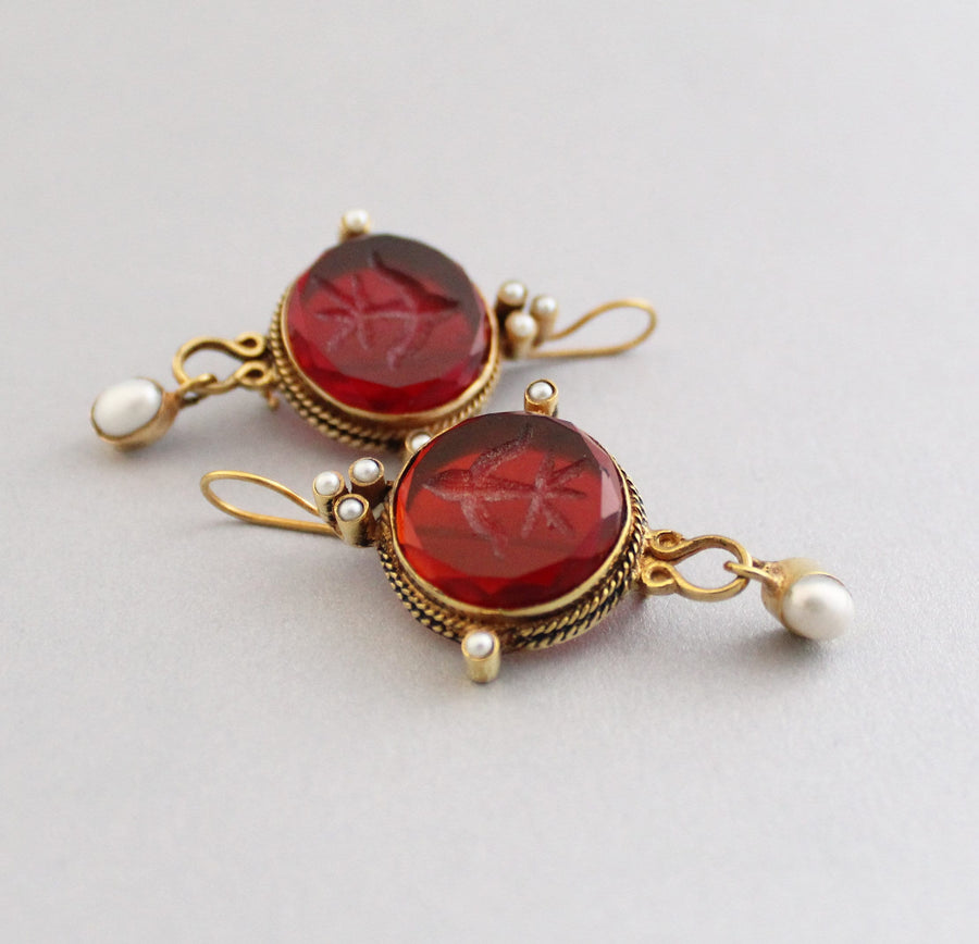 Red Intaglio Crystal Earrings, Vintage Style, 18K Gold Filled, photo 8