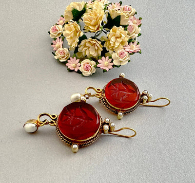 Red Intaglio Crystal Earrings, Vintage Style, 18K Gold Filled, photo 6
