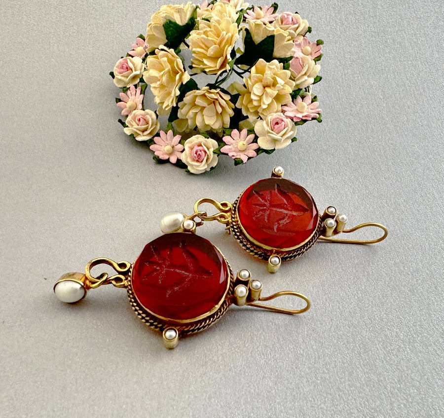 Red Intaglio Crystal Earrings, Vintage Style, 18K Gold Filled, photo 6