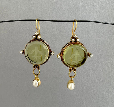 Green Intaglio Earrings, Victorian Style, 18K Gold Vermeil, photo 2