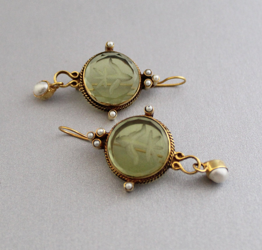 Green Intaglio Earrings, Victorian Style, 18K Gold Vermeil, photo 6