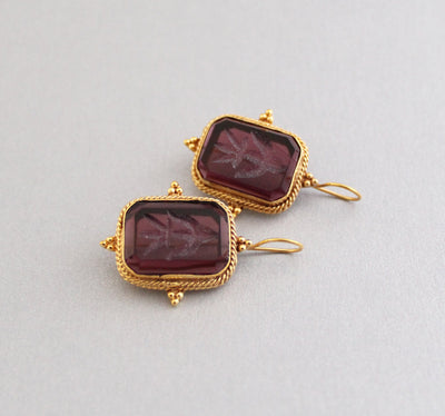 Purple Intaglio Glass Earrings, Ancient Roman Style, Gold Vermeil, photo 6