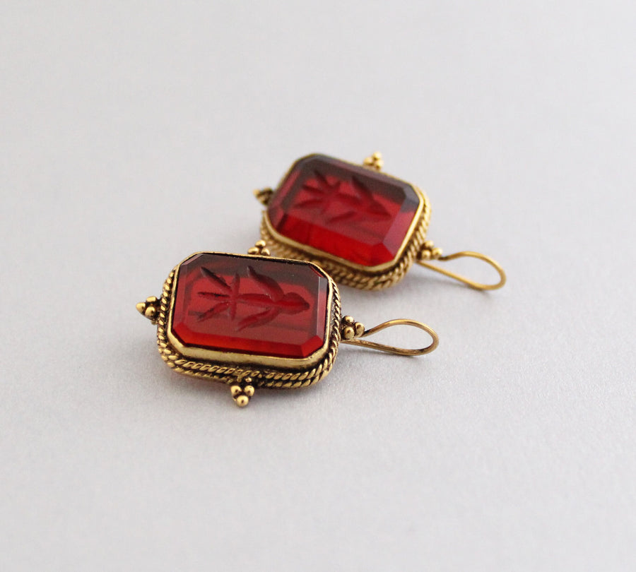 Red Glass Intaglio Earrings, Ancient Greek Style, Victorian Gold, photo 11