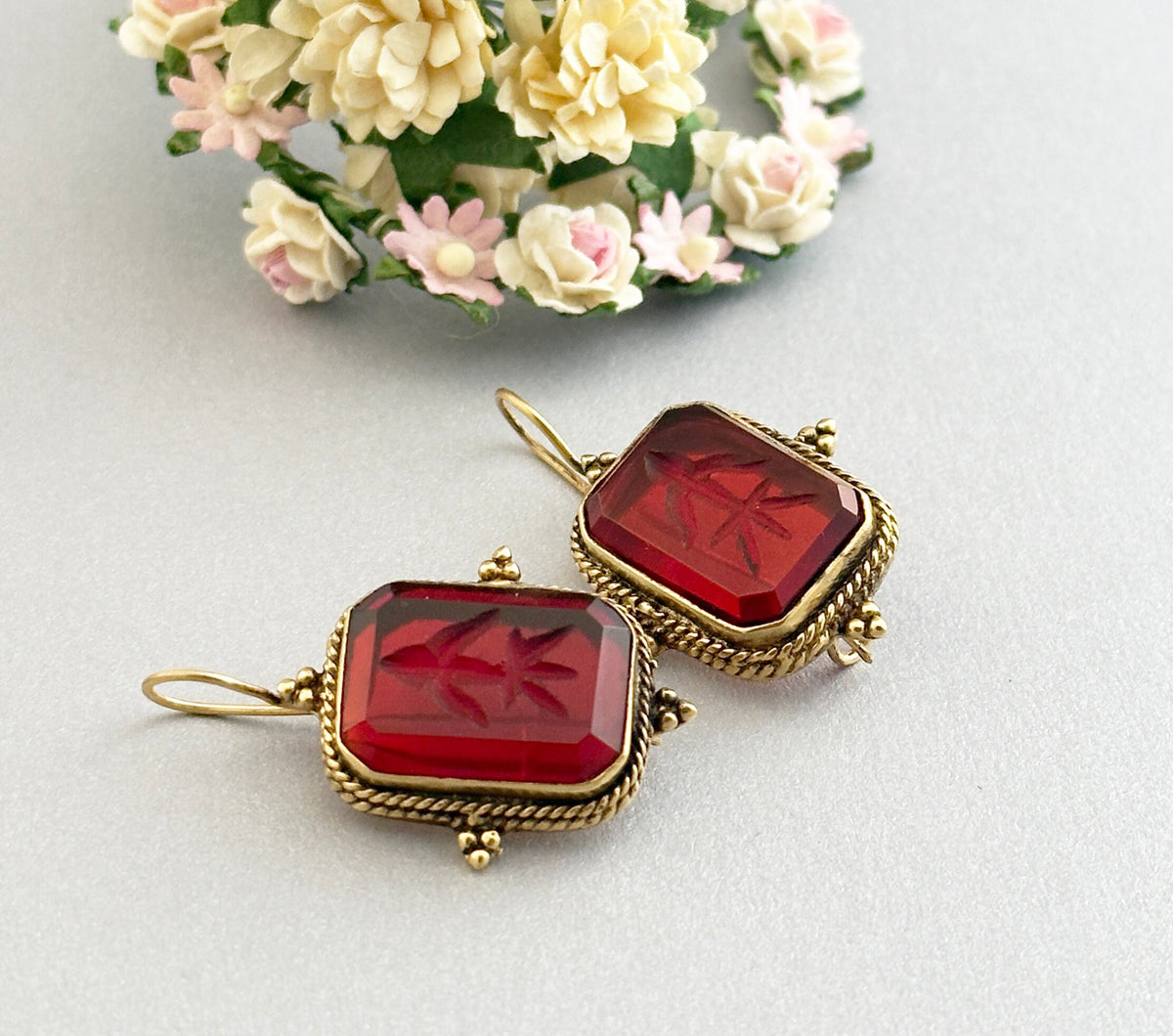 Red Glass Intaglio Earrings, Ancient Greek Style, Victorian Gold, photo 8