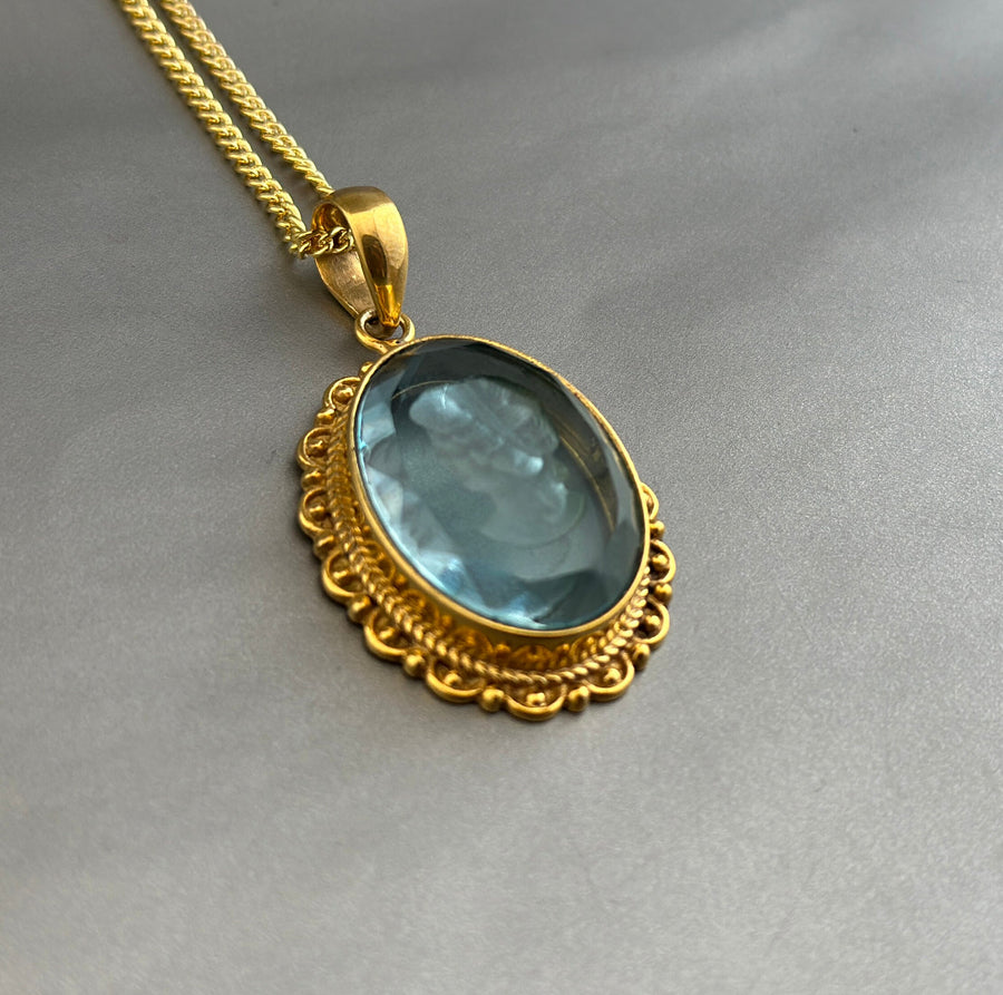 Blue Crystal Intaglio Necklace, Dainty Victorian Gold Pendant, photo 3