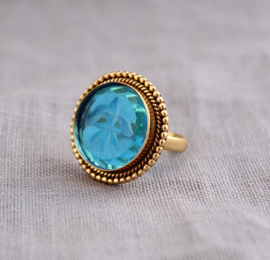 Blue Glass Intaglio Cocktail Ring, Victorian Signet, Gold Vermeil, photo 9
