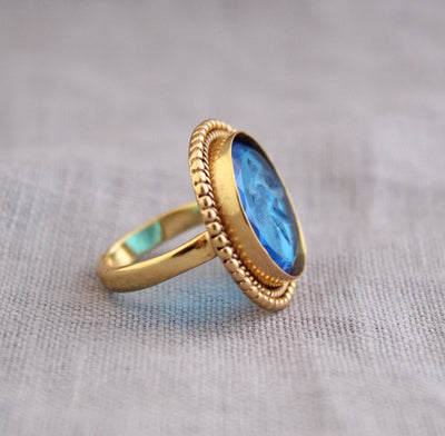 Blue Glass Intaglio Cocktail Ring, Victorian Signet, Gold Vermeil, photo 10