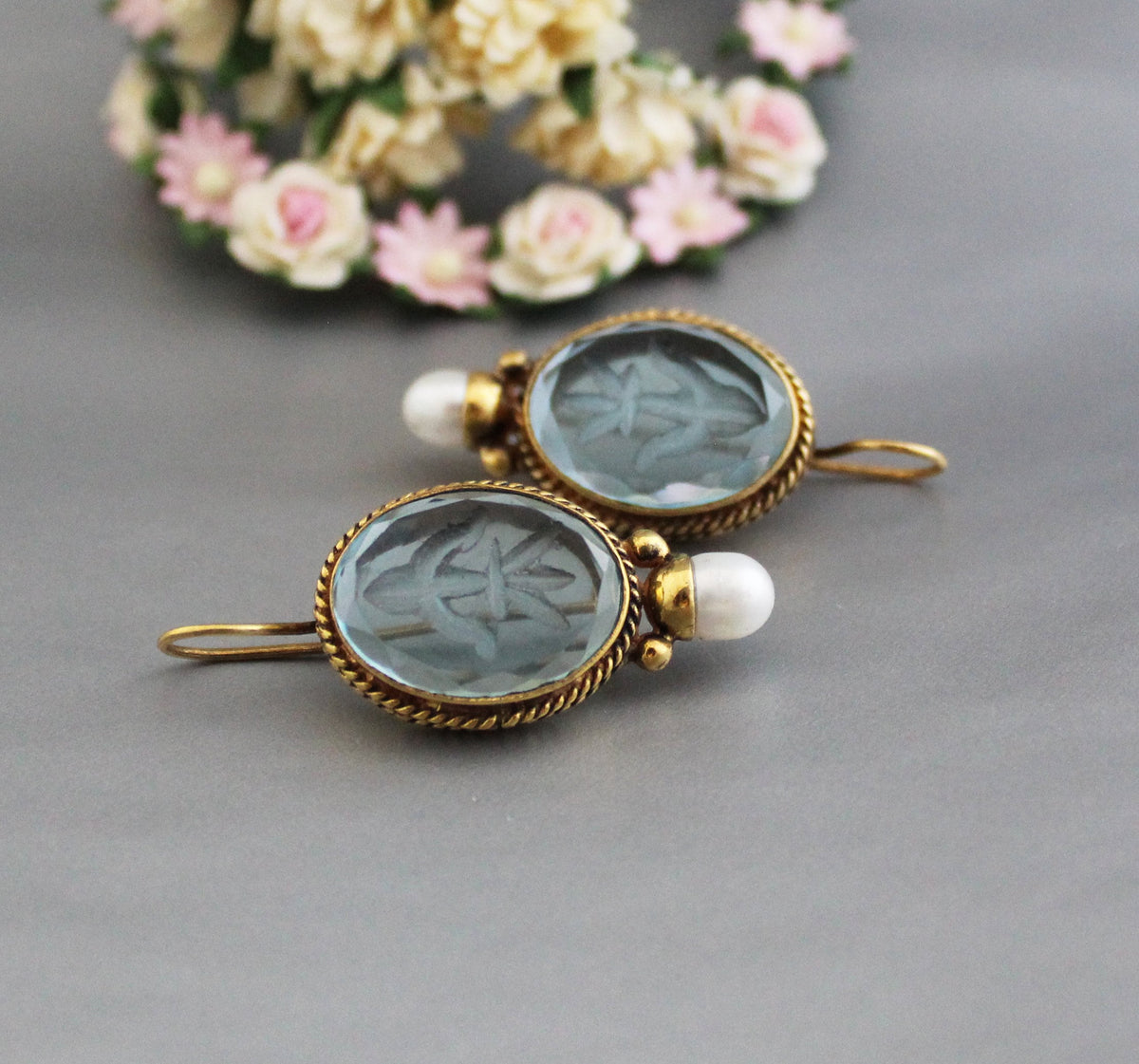 Blue Glass Intaglio Earrings, Oval Drops, Victorian Art Deco Brass, photo 7