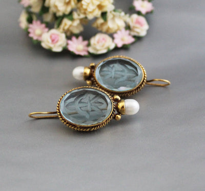 Blue Glass Intaglio Earrings, Oval Drops, Victorian Art Deco Brass, photo 7