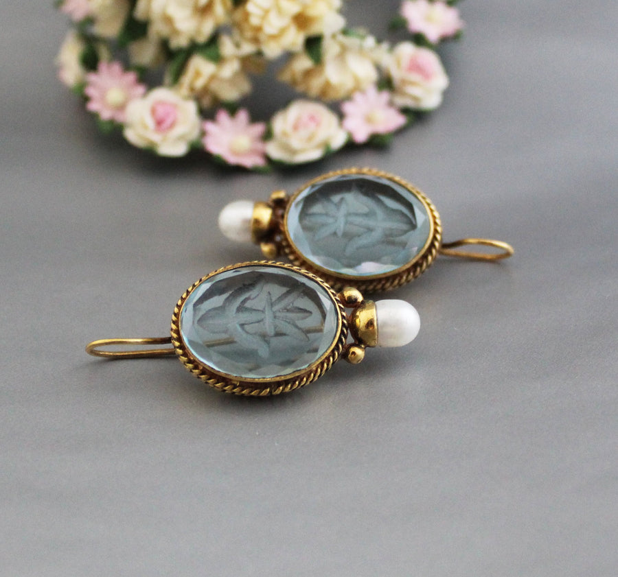 Blue Glass Intaglio Earrings, Oval Drops, Victorian Art Deco Brass, photo 7