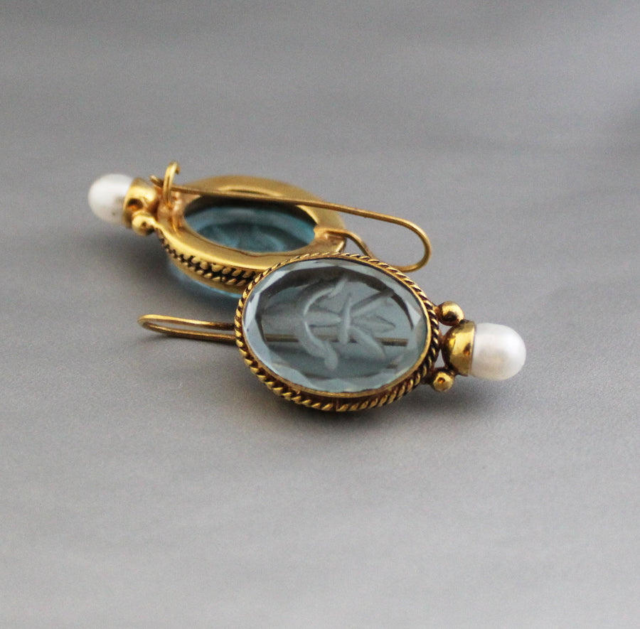 Blue Glass Intaglio Earrings, Oval Drops, Victorian Art Deco Brass, photo 5