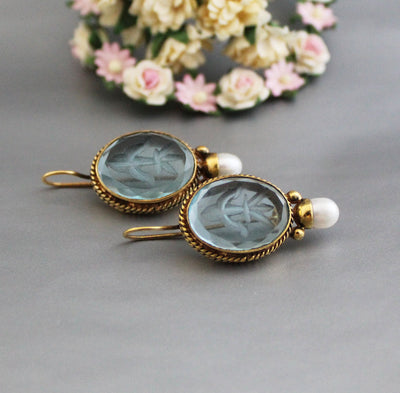 Blue Glass Intaglio Earrings, Oval Drops, Victorian Art Deco Brass, photo 6