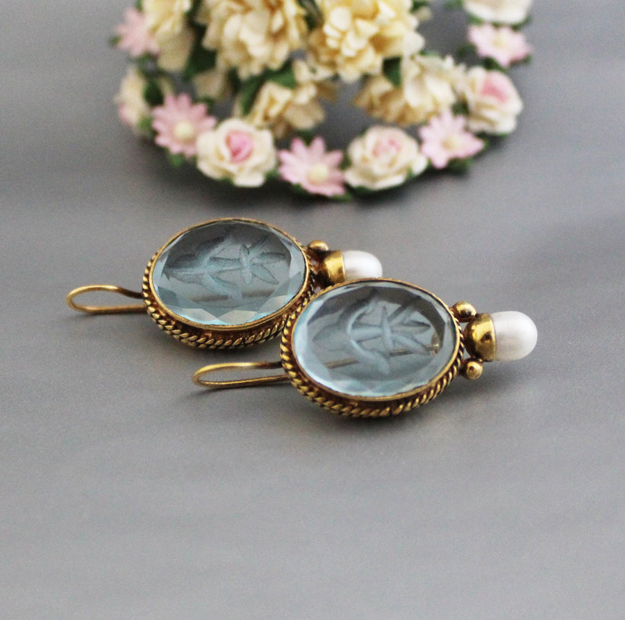 Blue Glass Intaglio Earrings, Oval Drops, Victorian Art Deco Brass, photo 2