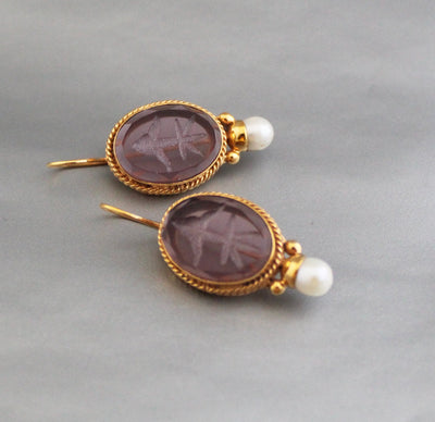 Intaglio Bridal Drop Earrings, Gold and Pearl, photo 4