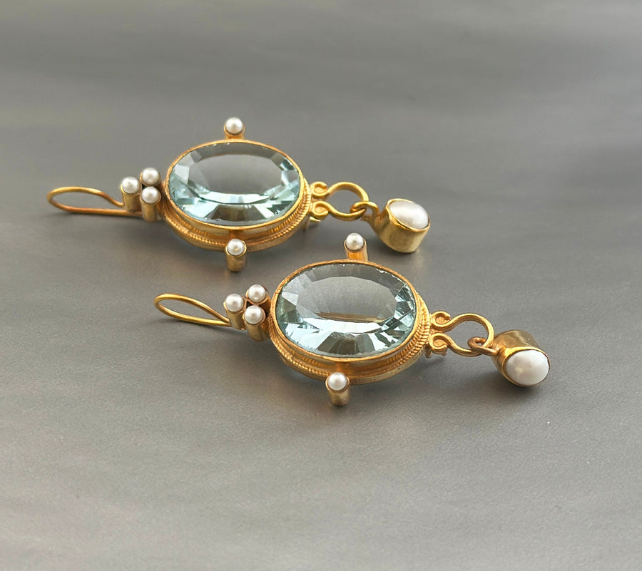 Blue Intaglio Earrings, 1920s Victorian Style, 18K Gold Plated, photo 2