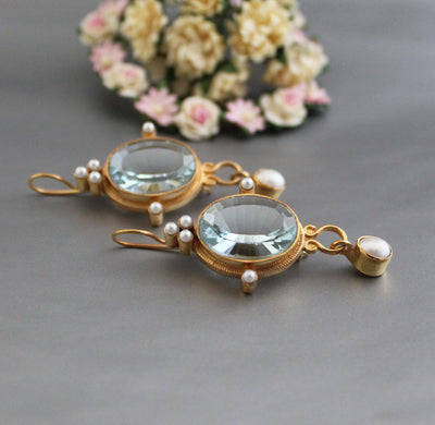Blue Intaglio Earrings, 1920s Victorian Style, 18K Gold Plated, photo 7