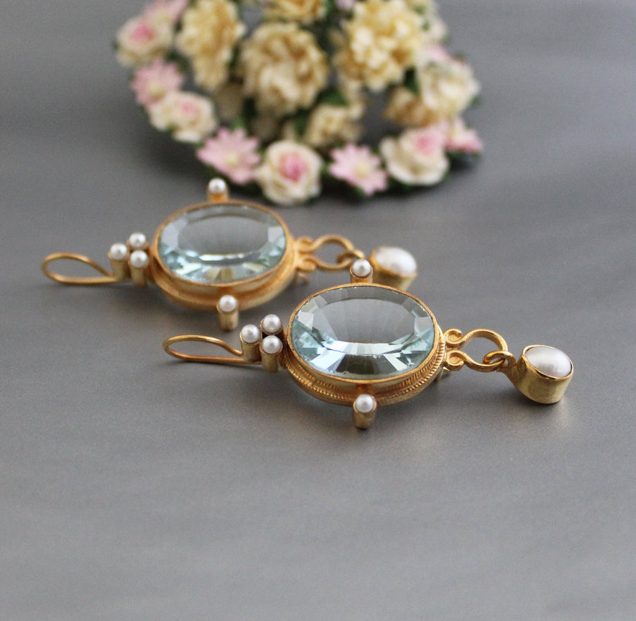 Blue Intaglio Earrings, 1920s Victorian Style, 18K Gold Plated, photo 7