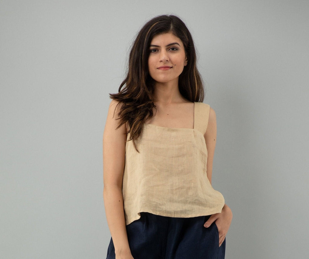 Beige Linen Crop Top: Sleeveless Square Neck Blouse, Linen Tank Top, Washed soft linen top, Women's shirt, Loose linen blouse