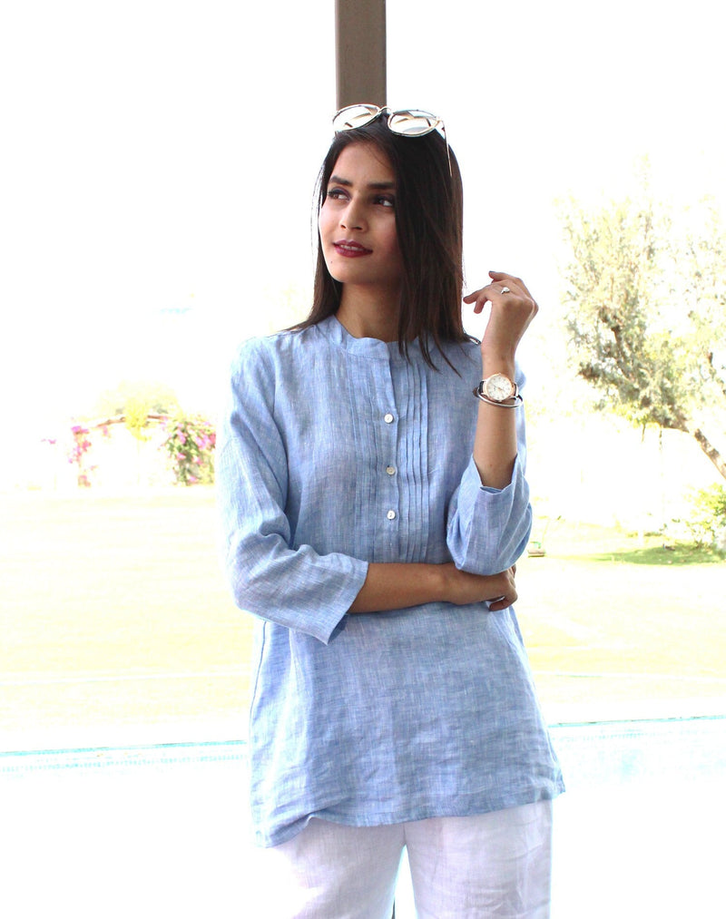 Blue Linen Pintuck Blouse: Long Sleeve Button Top