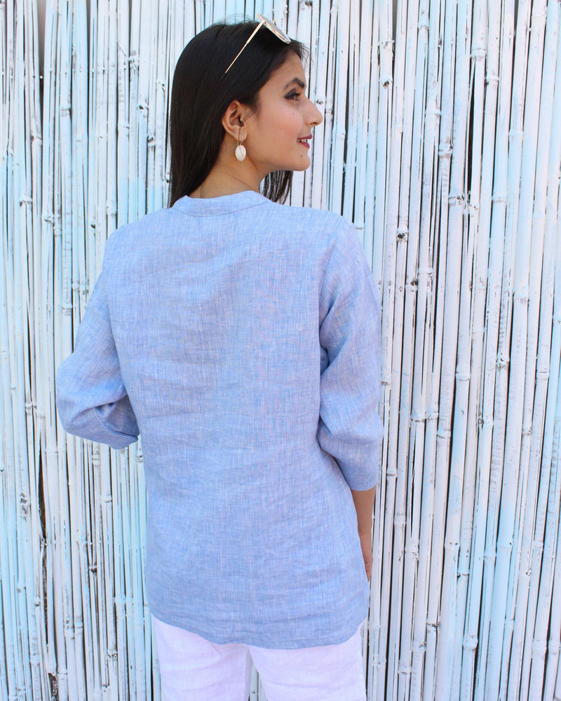 Blue Linen Pintuck Blouse: Long Sleeve Button Top