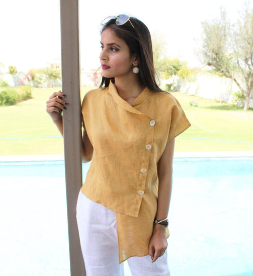 Asymmetrical Linen Tunic Top: Cowl Neck Short Sleeve Blouse