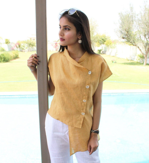 Asymmetrical Cowl Neck Linen Top
