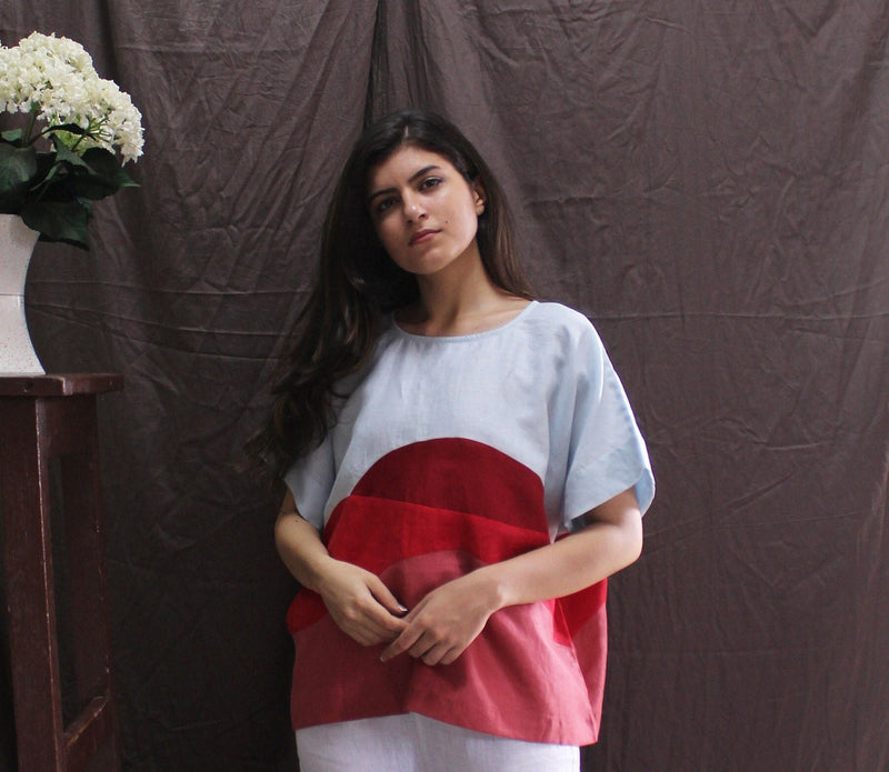Sky Blue and Red Linen Top, Abstract Wave Art Blouse, Boxy Fit Square Shirt for Women, Bold Handmade Colorblock Summer Top, Gift for Her