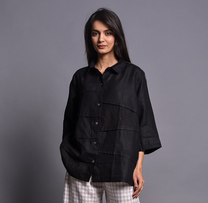 Black Linen Collared Button Shirt