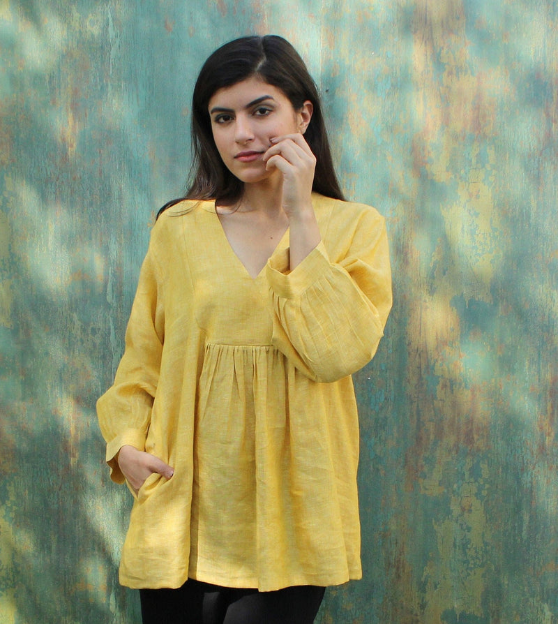 Honey Yellow Linen V-Neck Blouse, photo 2
