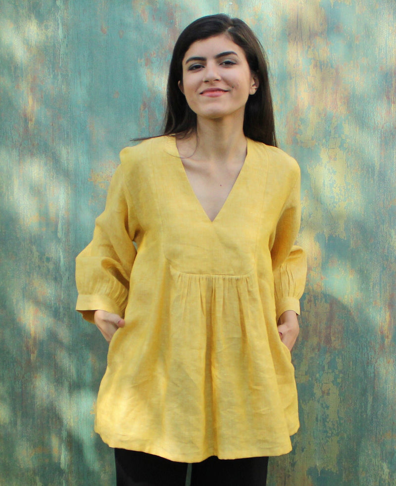 Honey Yellow Linen V-Neck Blouse, photo 3