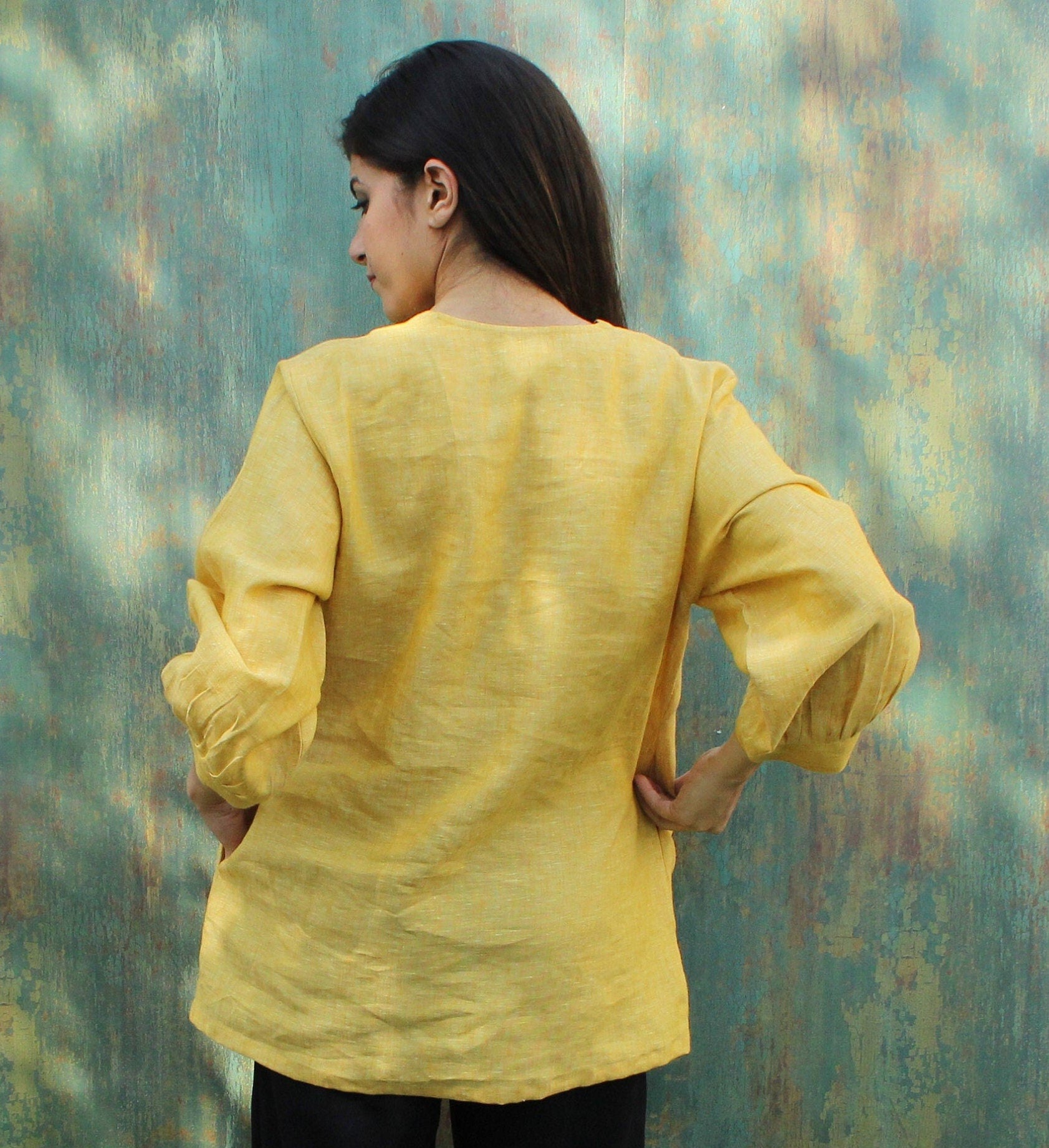 Honey Yellow Linen Blouse: V-Neck Long Sleeve Relaxed Fit