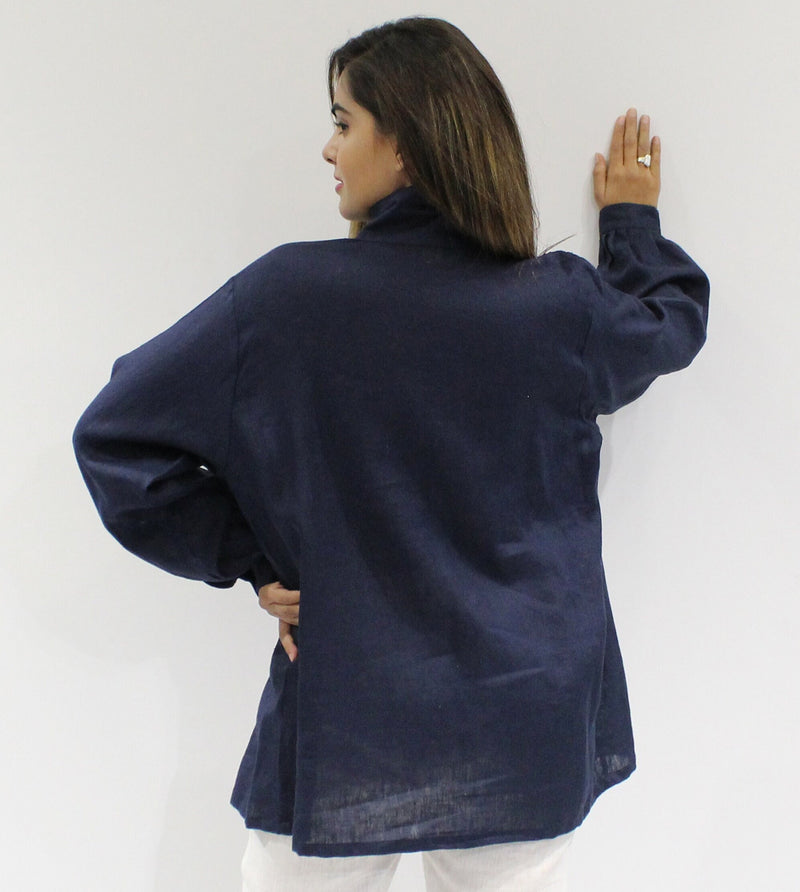 Oversized Blue Linen Shirt, Long Sleeve Button-Up Top, plus size tops plus size clothing