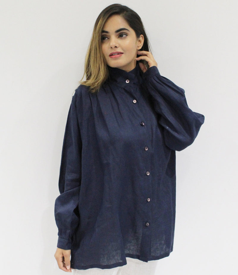 Oversized Blue Linen Shirt, Long Sleeve Button-Up Top, plus size tops plus size clothing