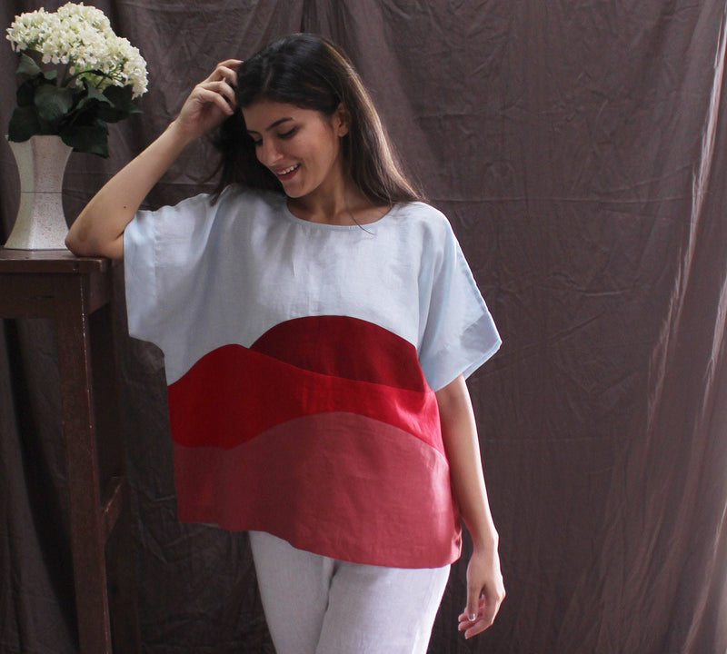 Sky Blue and Red Linen Top, Abstract Wave Art Blouse, Boxy Fit Square Shirt for Women, Bold Handmade Colorblock Summer Top, Gift for Her