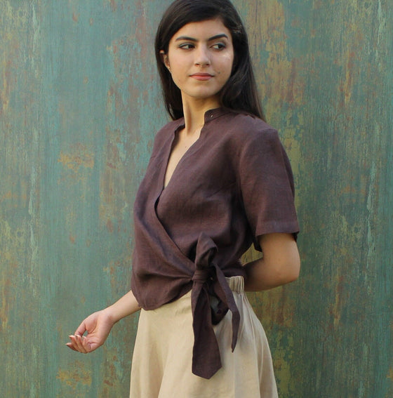Brown Linen Tie-Front Wrap Top