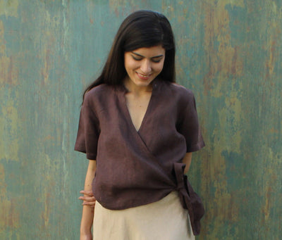 Brown Linen Tie-Front Wrap Top, photo 3