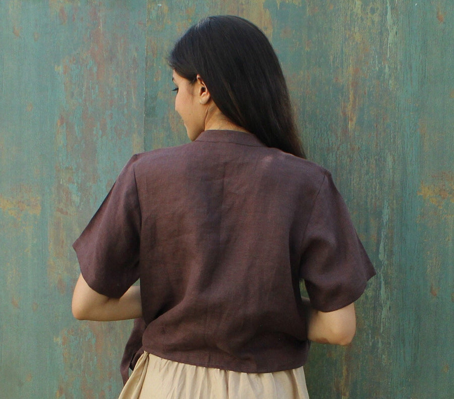 Brown Linen Tie-Front Wrap Top, photo 4