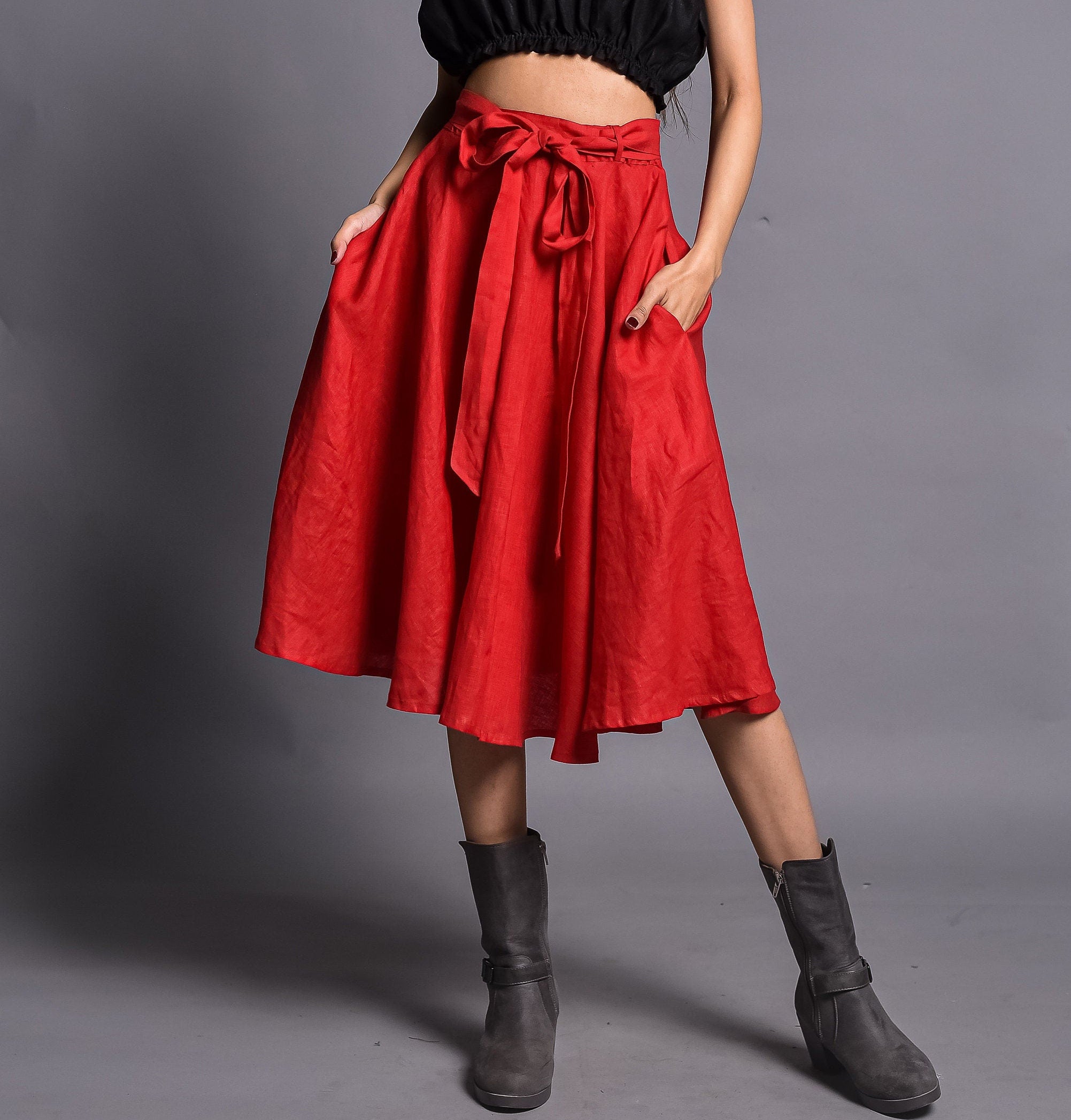 Women's Linen Skirt, Flared Midi Circle Skirt with Belt, linenskirts, linen summer skirts, linen waist skirt
