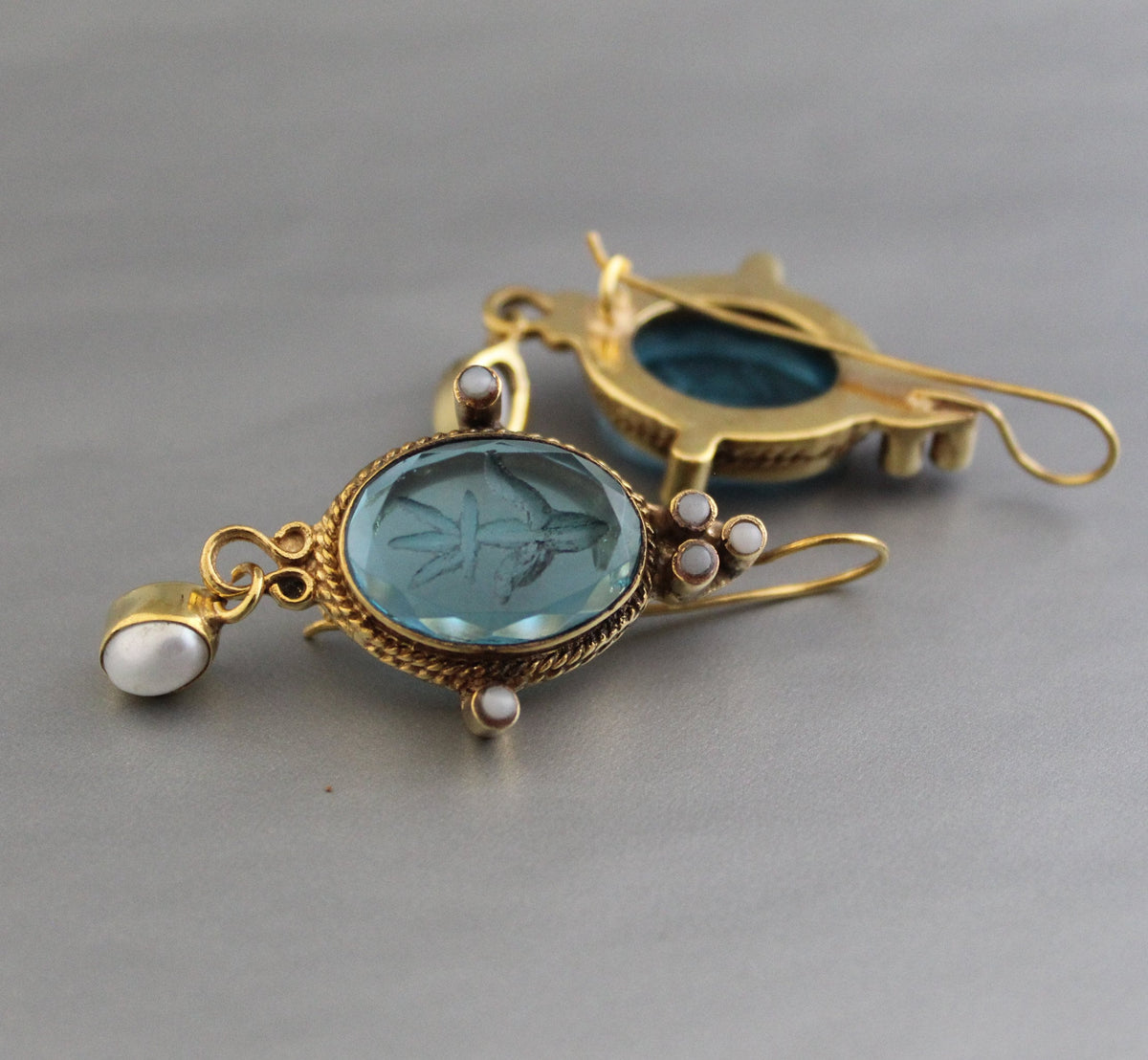 Blue Glass Intaglio Earrings, Edwardian Style, 18K Gold Vermeil, photo 4
