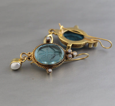Blue Glass Intaglio Earrings, Edwardian Style, 18K Gold Vermeil, photo 4