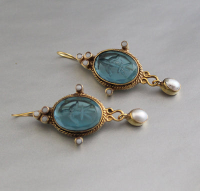Blue Glass Intaglio Earrings, Edwardian Style, 18K Gold Vermeil, photo 6