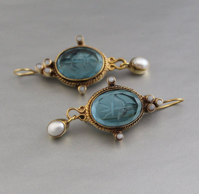 Blue Glass Intaglio Earrings, Edwardian Style, 18K Gold Vermeil, photo 7