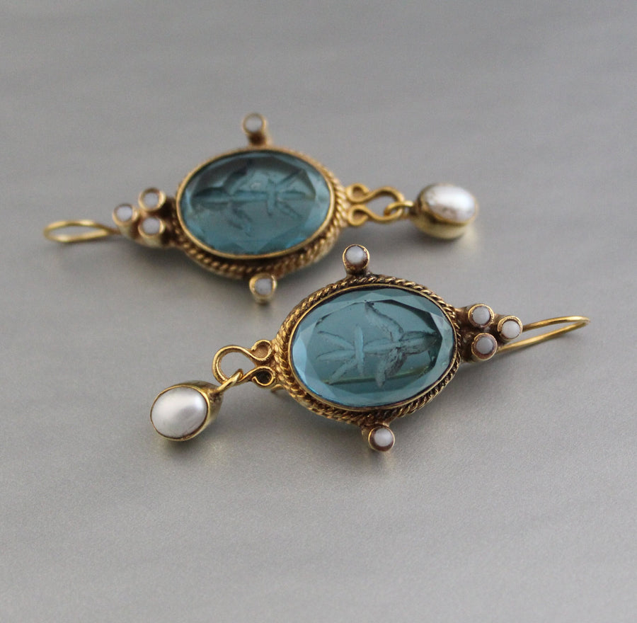 Blue Glass Intaglio Earrings, Edwardian Style, 18K Gold Vermeil, photo 7