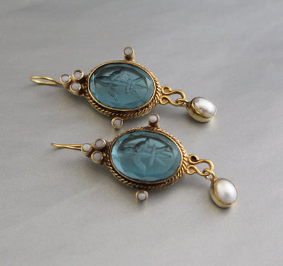 Blue Glass Intaglio Earrings, Edwardian Style, 18K Gold Vermeil, photo 9