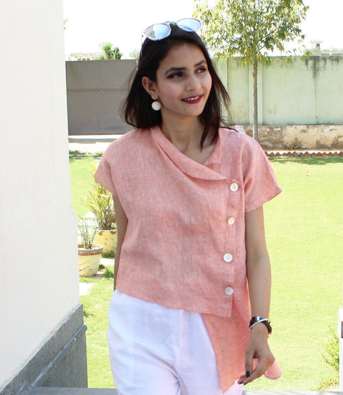 Asymmetric Linen Blouse, Cowl Neck Short Sleeve Top, 100% linen shirt half sleeves buttoned loose tops plus size tops plus size clothing