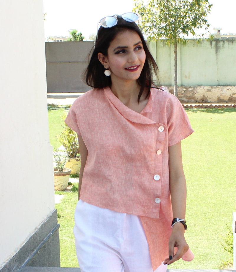 Asymmetric Cowl Neck Linen Blouse