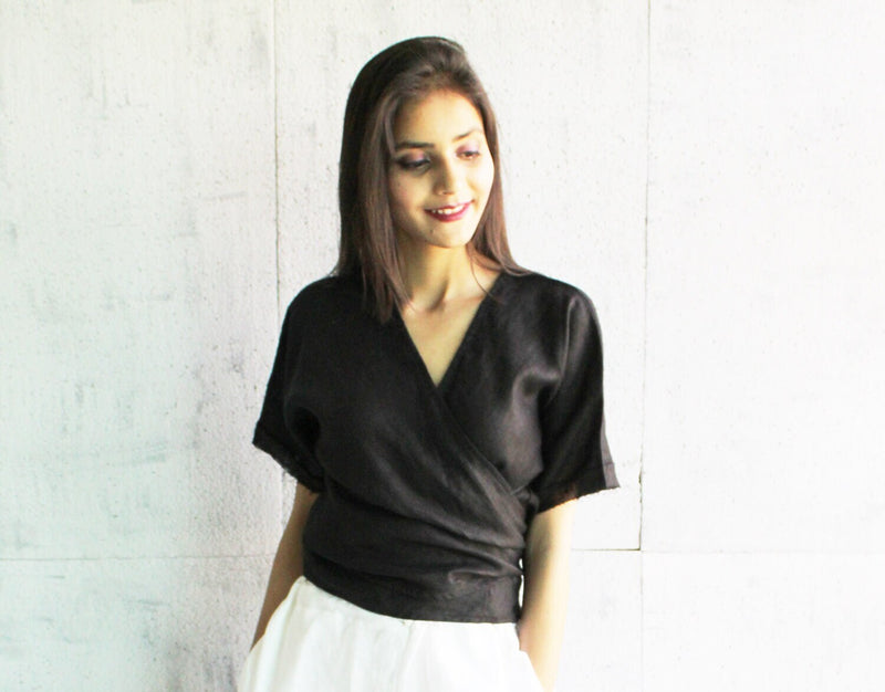 Handmade Black Linen Wrap Top: Boho Chic Short Sleeve Blouse