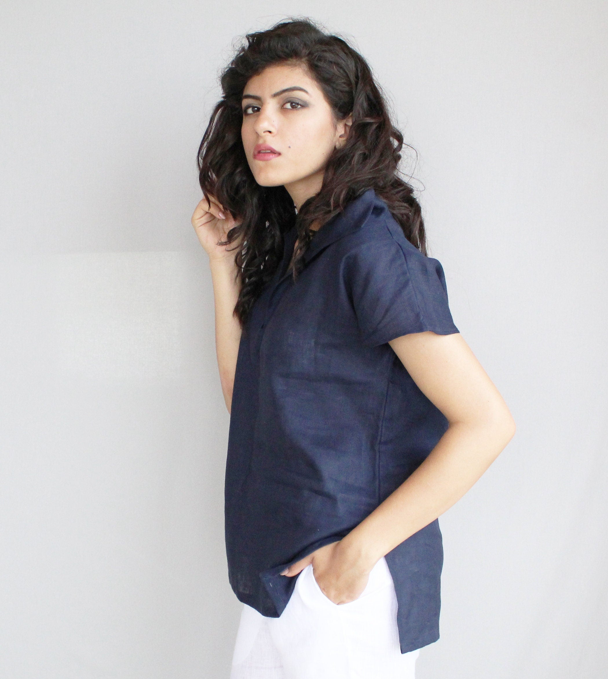Handmade Linen Blouse: Loose V-Neck Boho Top, Casual Top, Women Blouse, Short Shirt, Loose Fit Tee, Summer Blouse