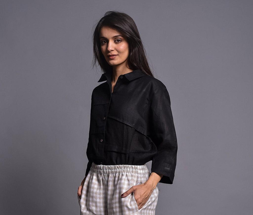 Black Linen Button Down Shirt, 3/4 Sleeve Collared Blouse, Trendy Long Sleeve Shirt Handmade Natural Linen Long Sleeves